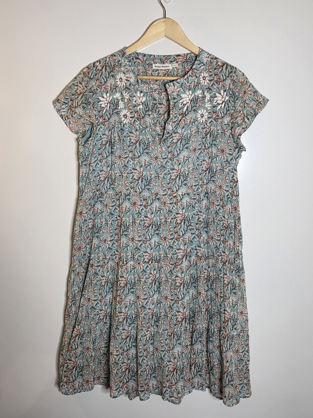 Roller Rabbit 100% Cotton lined lightweight Tiered Blue-Green floral Dress MED